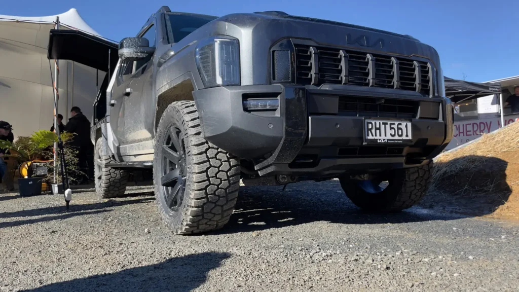 Kia Tasman front bumper and grille showing approach angle off road