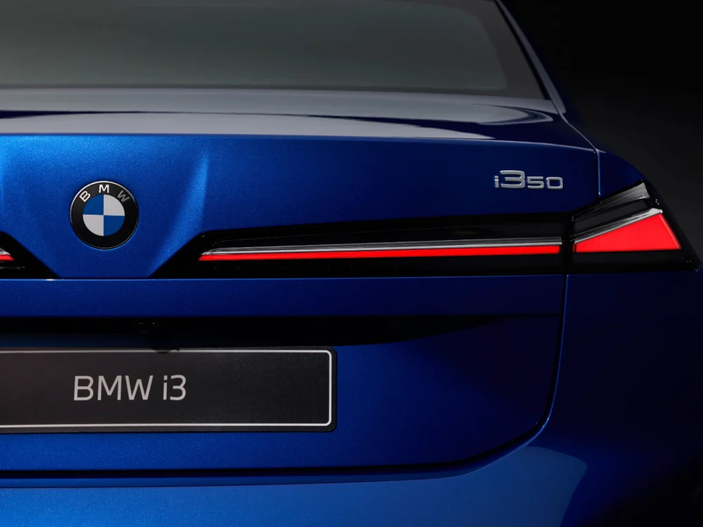 BMW i3 50 rear badge and horizontal LED tail light strip in deep blue metallic finish