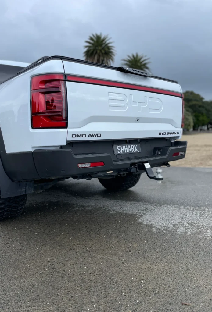 BYD Shark 6 rear tailgate close-up with BYD branding and lights