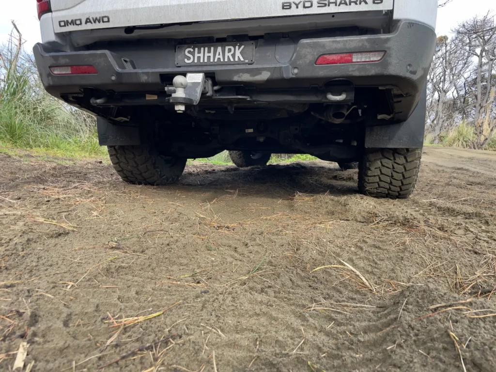 BYD Shark 6 rear tow hitch and underbody off-road clearance view